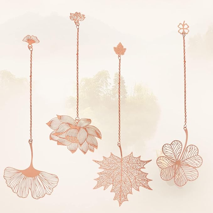 4pcs Vintage Metal Leaf Bookmarks with Pendant, 4 Styles Exquisite Hollow Metal Leaf Bookmark, Bookish Gift for Book Lovers Readers Teens Adults Women Men