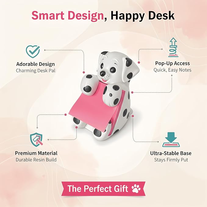Dog Post it Note Dispenser for Desk Accessories - Pop Up Sticky Note Dispenser - Dog Sticky Note Holder Cute for Coworker & School Desk - Resin Made - Holds 3"x 3" Accordion Notes - Dalmatian Gift