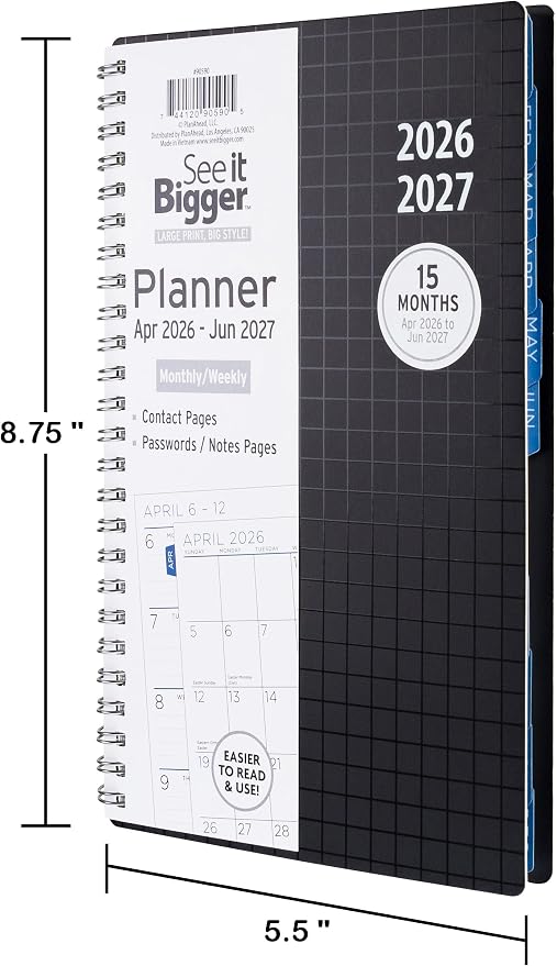 PlanAhead 2026 Planner - 8.75"x5.75" 15 Month Weekly & Monthly Academic Planner Notebook with Tabs - Black Grid Design - Spiral Calendar Agenda for School, Work & Office