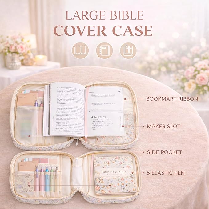 Bible Bag for Women, Bible Cover Case with Study Supplies,Large Quilted Bible Bag with Handle and Zipper, Suitable for Christian Books-Christian Gift for Girls(Patchwork Flowers)
