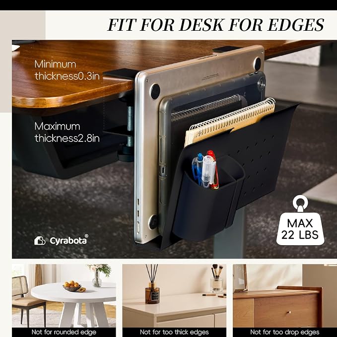 Under Desk Laptop Holder, No Drill Table Side Storage Organizer, Cute Pink Panda Clamp On Desktop Shelf Steel Table Hanging Mount File Tray, Desk Accessories & Workspace Organizers (Black)