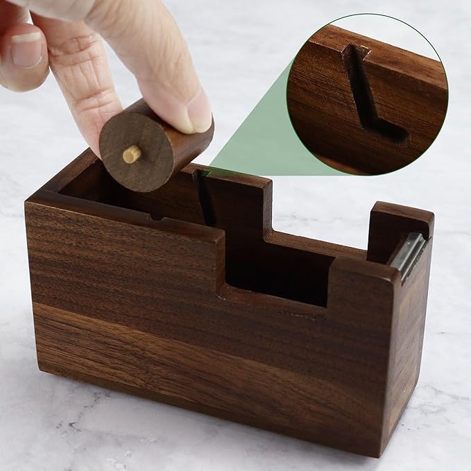 MultiBey 4PCS Walnut Office Supplies Desk Organizers, Wood Sticky Notes Holder Tape Dispenser Cutter Wooden Pencil Holder and Paper Clip Holder for Office Home School