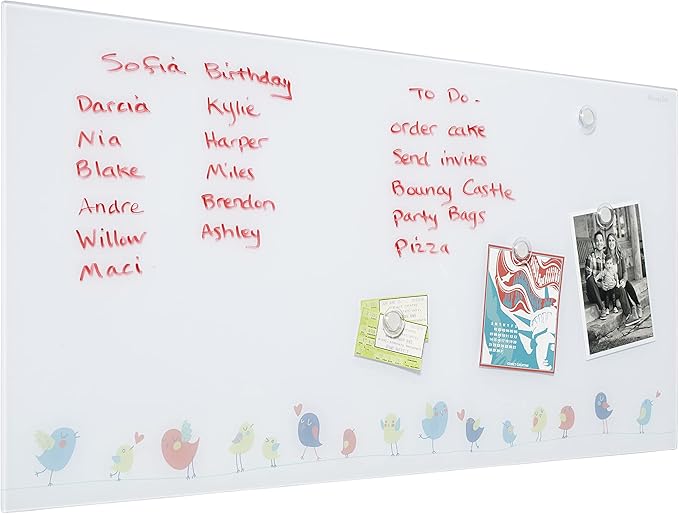 ECR4Kids MessageStor Magnetic Dry-Erase Glass Board with Magnets, 18in x 36in, Wall-Mounted Whiteboard, Birds