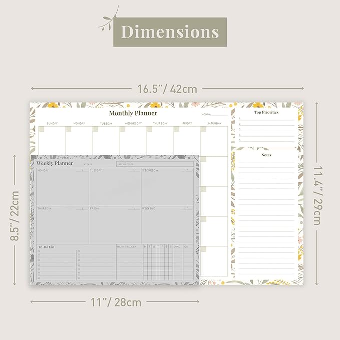 Rileys Monthly Planner Desk Pad, Undated Planner Calendar with 52 Tearaway Sheets, Wide To Do Planner Notepad with Top Priorities and Notes Sections, Printed Border, 16.5 x 11.4" (Floral Yellow)