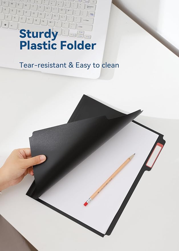 SortRax Plastic Manila Folders 8.5 x 11, 12 Pack, Poly Black File Folders, 1/3-Cut Tabs with Colorful Labels, Letter Size