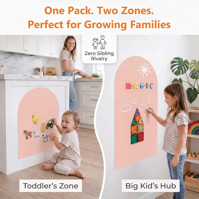 2-Pack Magnetic Wall Decal: 15.7"x31.5" Double Arch Chalkboard - Aesthetic Boho Playroom Decor & Screen-Free Kids Magnet Board for 1-3 Toddlers & 4-10 Children- Peel and Stick (Camel Pink)