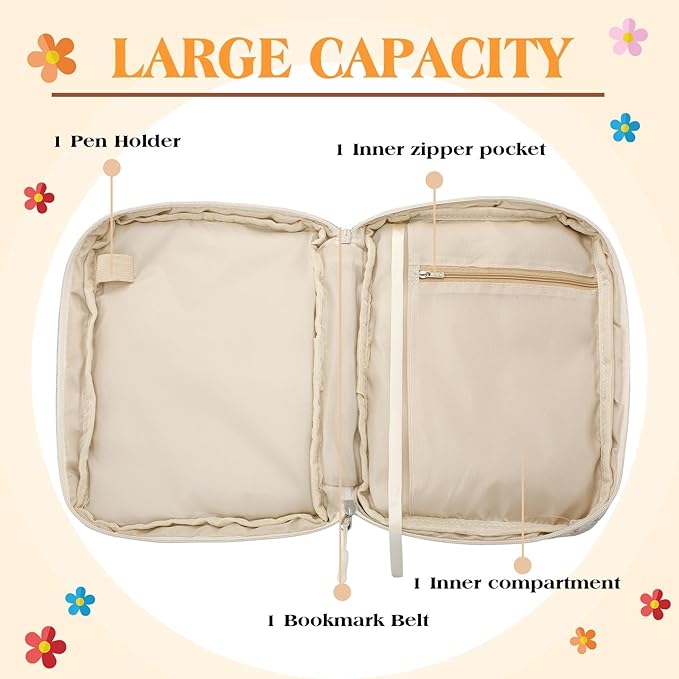 Aliceset Large Bible Cover Case for Women, Beige Floral Quilted Cotton Bible Carrying Case Organizer Bag with Handle and Zipper, for Christian Easter Gifts, Study Supplies Accessories