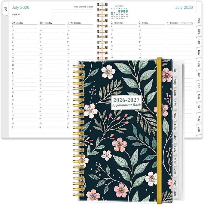 2026-2027 Appointment Book & Planner - 2026-2027 Daily Hourly Planner from July 2026 - June 2027, Weekly Appointment Book with 30-Minute Interval, Medium 6.4" x 8.5", Flower-C