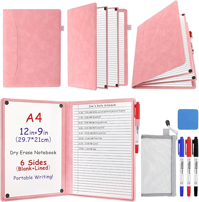 Feifeiya 6 Sides Dry Erase Notebook Portable Whiteboards Notebook Small Reusable College Ruled Lined Board Folding Mini Travel Dry Erase White Board for Office Study(Pink,A4: 9 x 12 Inches)