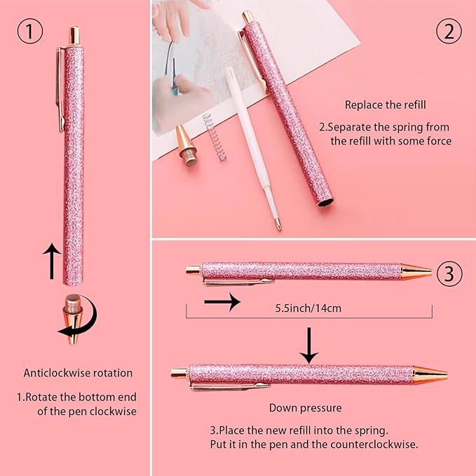 YOUMI 7/8 Pcs Retractable Ballpoint Pen，Pretty Bling Metal Writing Pens，Black Ink Medium Point 1.0 mm Gift Pens, Cute Journaling Pens Office Supplies for Women & Men (set 2)