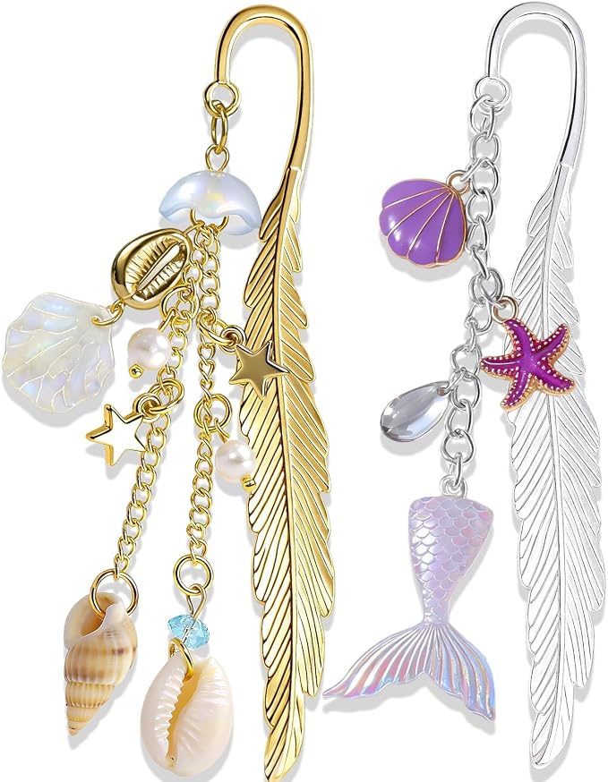 Buleens 2 Pack Bookmarks for Women Reading - Book Marks for Readers Book Lovers, Cute Sliver Ocean Seashell Personalized Metal Bookmark with Pendants, Pretty Aesthetic Book Accessories Reading Gifts