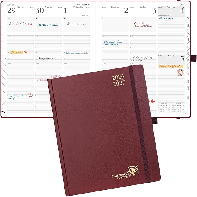 POPRUN 2026-2027 Academic Planner, Large Size 8.5" x 10.5", Weekly and Monthly Calendar, July 2026 to June 2027, Hardcover Appointment Book with Verital Layout, Hourly Time Slots, Monthly Tabs - Burgundy