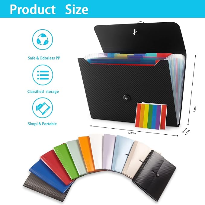 Expanding File Folder File Organizer 13 Pocketsr Accordion Filing Folder for Documents Aesthetic Paper Organizer Folder for Work, School, Home, Office (Transparancy Green)