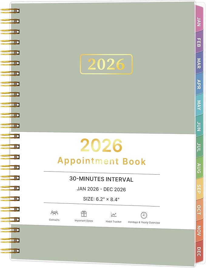 2026 Appointment Book, 30 Minutes-Hourly, Weekly ＆ Monthly Calendar Planner 2026, Jan 2026 - Dec 2026, 6.2'' x 8.4'', 2026 Daily Planner with Tabs ＆Pocket, Flexible Cover, Great for Office, Home, School