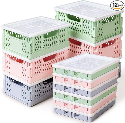 Hushee 12 Pcs Mini Pastel Plastic Storage Baskets with Lids Small Collapsible Crates Mini Mesh Storage Bins Folding for Bedroom Pencils Office Desktop Drawer Organizer 5.55 x 4.13 x 2.32 in