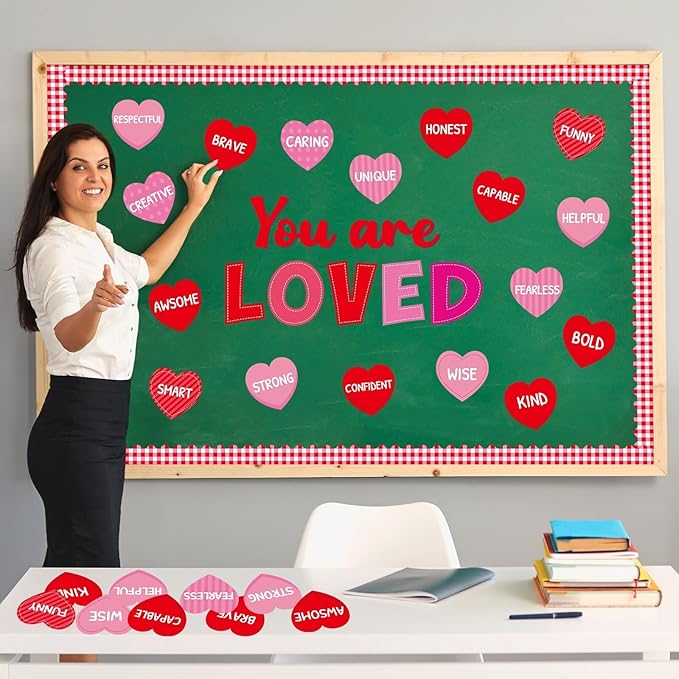 You are Loved Valentine's Day Bulletin Board Decorations Valentines Day Classroom Bulletin Border Red Heart Cutouts with Motivational Positive Sayings for Valentines Party Supplies School Office Decor