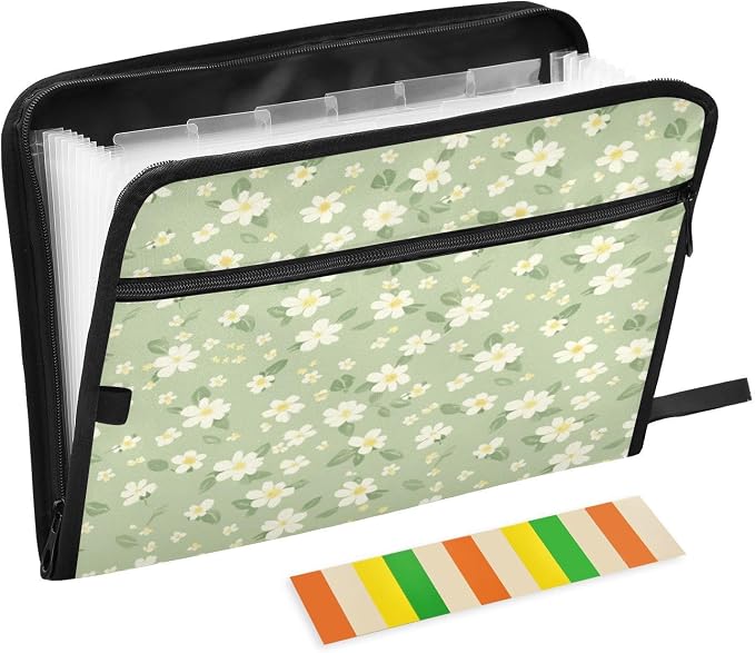 Pale Green and Yellow Flowers Accordion File Organizer Expanding Document Folder with 13 Pockets Portable File Folder for A4 Letter Size