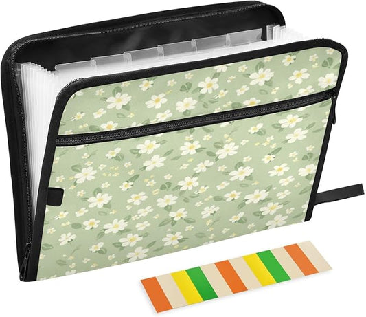Pale Green and Yellow Flowers Accordion File Organizer Expanding Document Folder with 13 Pockets Portable File Folder for A4 Letter Size