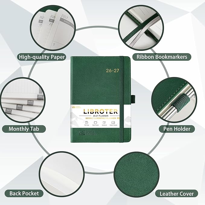 2026-2027 Planner - Academic Planner 2026-2027 Weekly Monthly Planner, July 2026 - June 2027, 5.7'' x 8.4'', Thick Paper, Leather Cover, Pen Holder, Back Pocket, Perfect Daily Organizer - Dark Green
