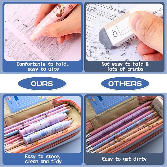 Cute Pencil Erasers, Kids Retractable Erasers with Refills, Standard Pen-Style Erasers, Fun Click Erasers, Kawaii Japanese Stationery Supplies (Blue)