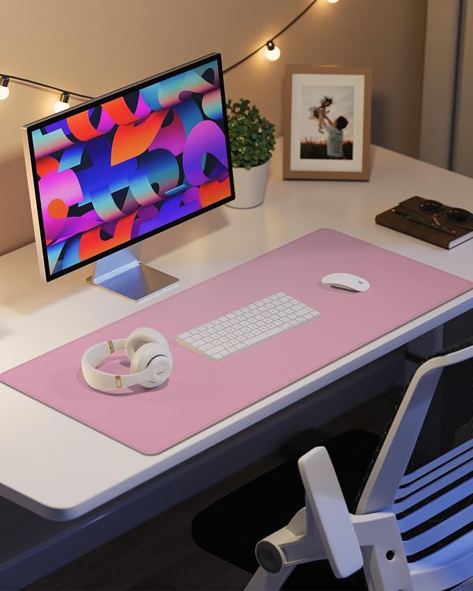 AFIING Leather Desk Pad Protector, Large Mouse Pad, Non-Slip Waterproof PU Leather Desk Mat, Desk Blotter Cover for Office and Home (Pink, 36" x 17")