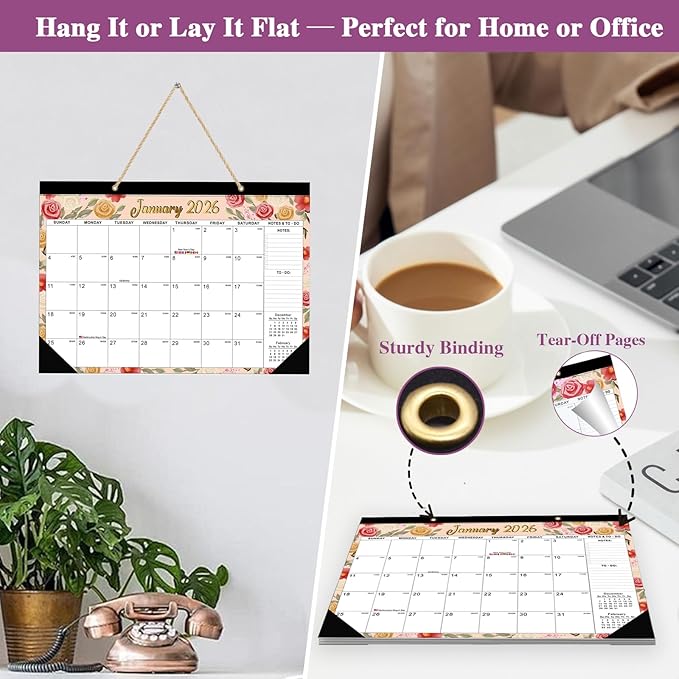 2026-2027 Desk Calendar – 18-Month Watercolor Floral Wall/Desk Calendar, 17" x 12", Monthly Planner with Elegant Botanical Designs, January 2026 to June 2027