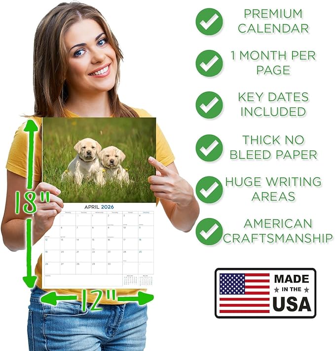 2025 2026 Labrador Pups Yellow Calendar - Dog Breed Monthly Wall Calendar - 12" x 18" Open - Thick No-Bleed Paper - Giftable - Academic Teacher's Planner Calendar Organizing & Planning - Made in USA