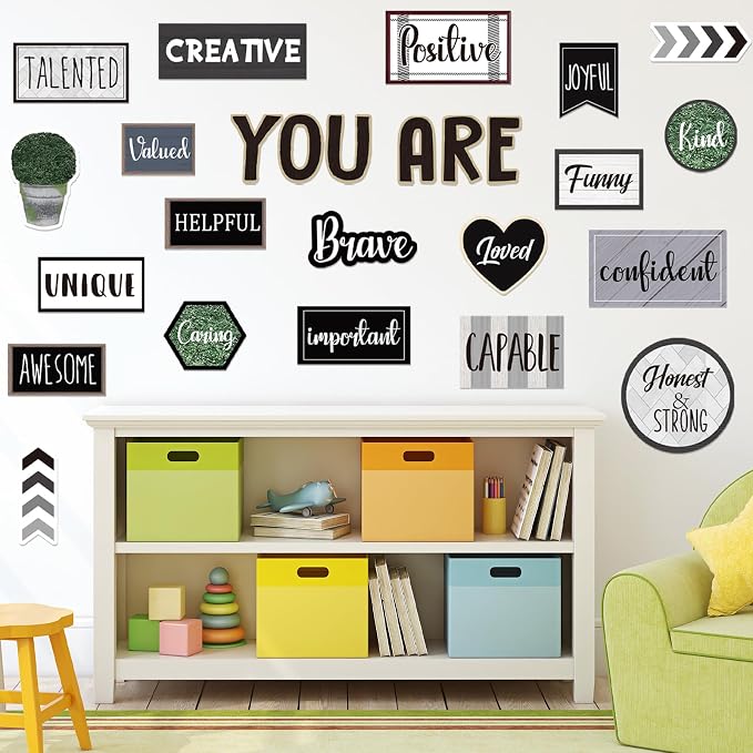 FYSUIMU 26Pcs Modern Farmhouse Inspirational Bulletin Board Decorations Motivational Sayings Paper Cutouts with 100Pcs Glue Points for Back to School Party Classroom Craft Wall