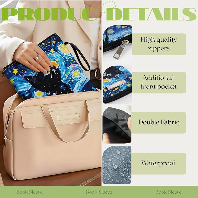 Book Sleeve with Zipper for Book Lovers, Book Protector Pouch with Front Pocket, Fabric Book Cover for Hardcover & Paperback, Travel Reading Accessories, Graduation Gift Bookish Gifts, Cat