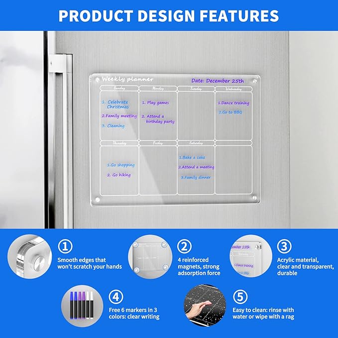 AITEE Acrylic Magnetic Weekly Calendar for Fridge, 16"x12" Inches Clear Weekly Planner for Refrigerator Includes 6 Dry Erase Markers with 3 Colors