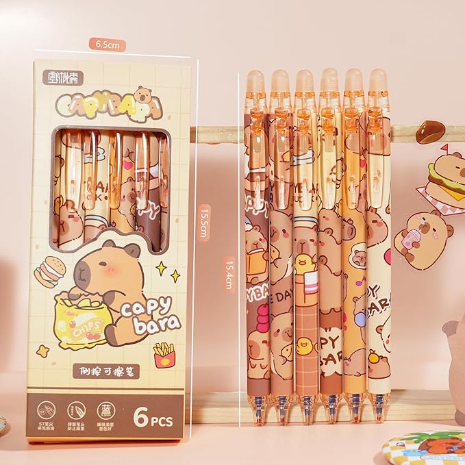 12-Pack Cute Erasable Pens, 0.5mm Fine Tip Blue Ink Retractable Pen, Adorable Capybara Stationery Set, Ideal for Office, School, Women and Men (Blue Ink - Capybara)