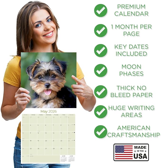 Yorkshire Terrier Puppies Calendar 2026 by MegaCalendars – Monthly Dog Breed Wall Calendar, Made in USA