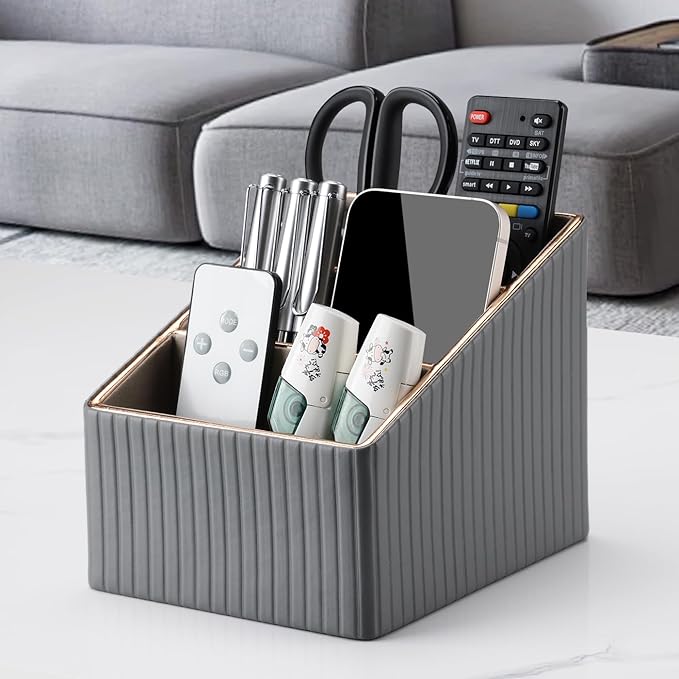 KINGFOM 3 Slot PU Leather Remote Controller Holder, Home Sundries Storage Box, TV Guide/Mail/CD Organizer/Caddy/Holder with Free Cable Desk Organizer (Gray)