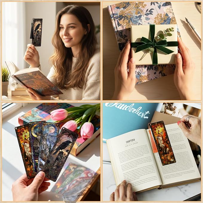 4 Pcs Fantasy Animal Bookmarks Gifts for Reading Women, Stained Glass Transparent PVC Book Marks with Tassels, Cute Black Cat Design Gift, Cool Book Accessories for Book Lovers Bookish