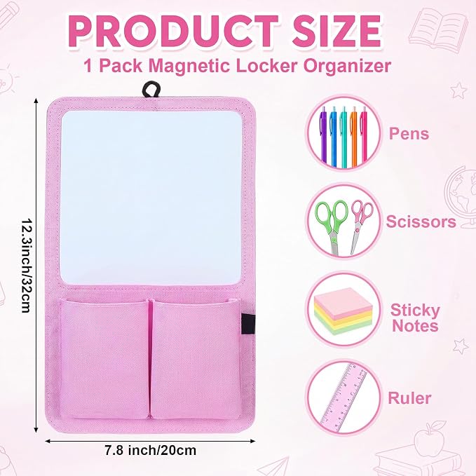 Briwooody Magnetic Locker Organizer 7.8 x 12.6 Inch Locker Accessories Magnetic White Board with Holder Bag Back to School Holder Bag First Day of School Supplies for Cabinet Refrigerator(Light Pink)