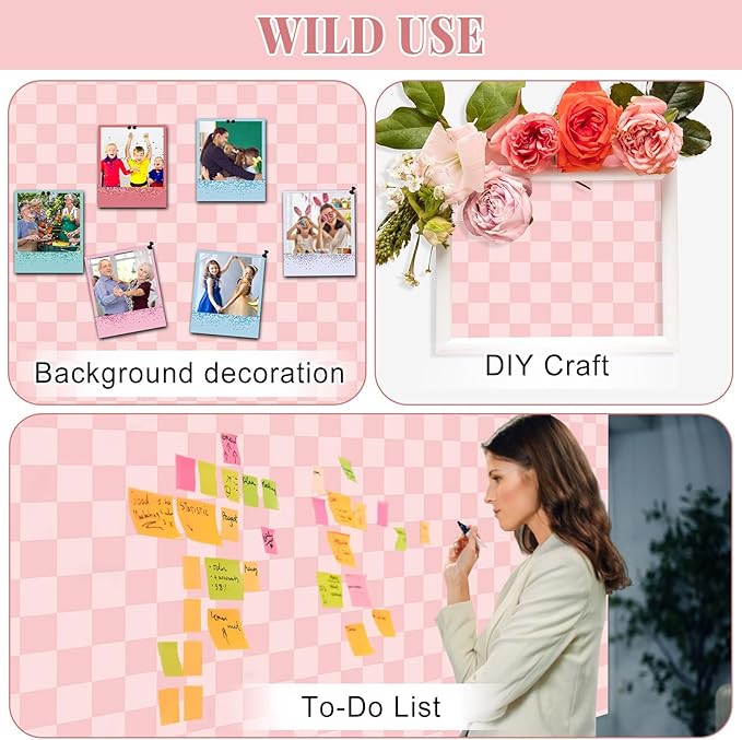 Pink Checked Bulletin Board Roll Pastel Pink Reusable Waterproof Erasable Bulletin Poster Non-Woven Fabric Bulletin Board for Mother's Day Classroom Decor Wrapping Paper Crafts 15.55in x 40ft