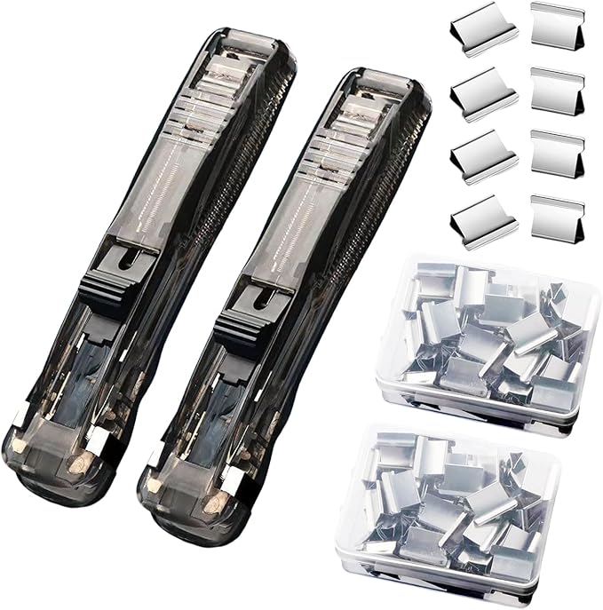 2 Pcs Handheld Reusable Creative Stapler Push Stapler Clips Paper Clamp Dispenser 40 Sheet, 100 Stainless Steel Refill Binder Clips for Office Document School Supplies