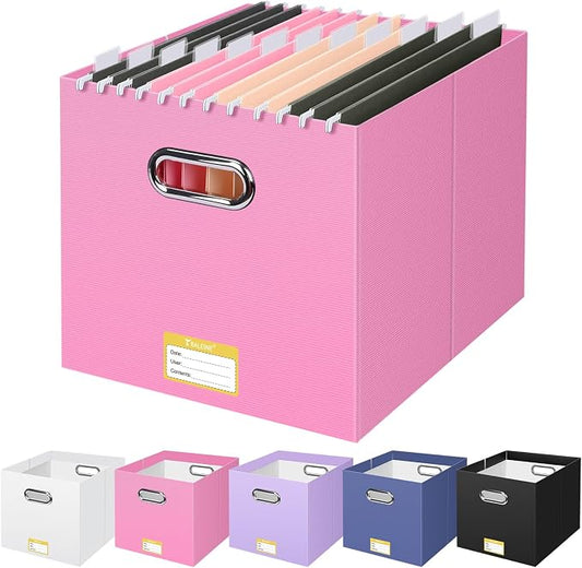 BALEINE File Organizer Box, Cardboard File Folder Organizer with Handle for Letter Size, Portable Collapsible Hanging Filing Box for Home Office Document Storage (1 Pack, Large Pink)
