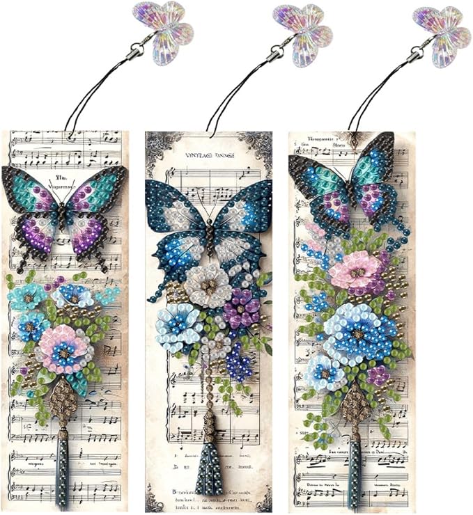 ARTopet 3Pcs DIY Diamond Art Painting Bookmarks with Colorful Butterfly Pendant PET Bookmark Ornament Double Sided Pattern Single Sided Diamond Book Marker Clip Gifts Tags-Butterfly04