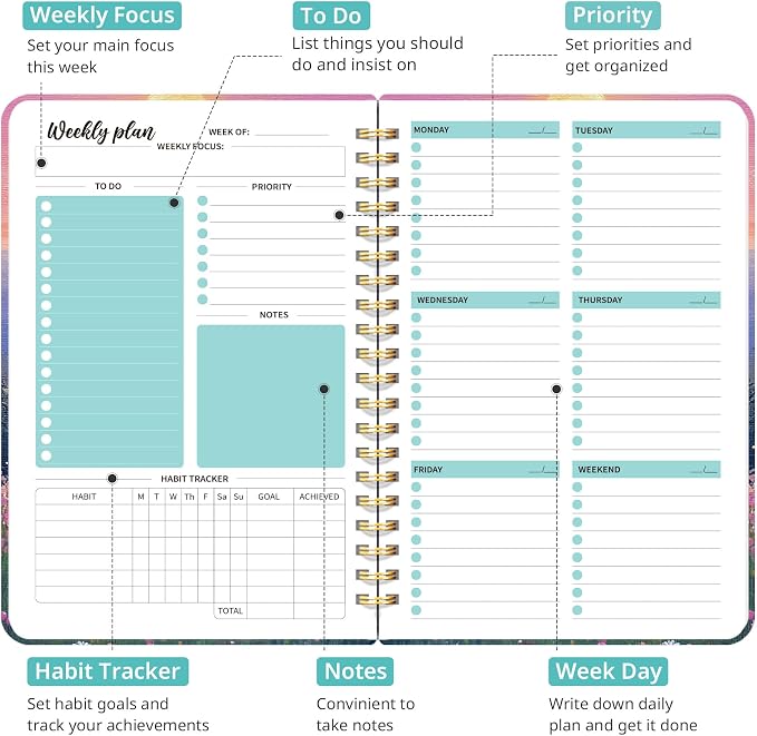 Taja Undated Weekly Planner, Weekly To Do List Notebook with Goal & Habit Tracker Organizer, A5 Weekly Planner Notebook with Spiral Binding, 6.1" x 8.2" - Twilight Bloom