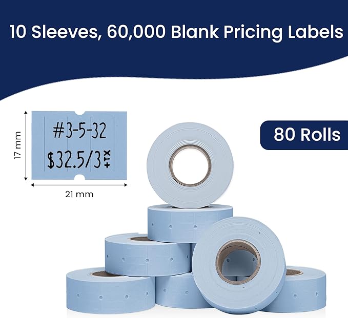 Perco 2 Line Blue Labels - 80 Rolls, 10 Sleeves, 80,000 Blank Price and Date Gun Labels for Perco 2 Line Price and Date Guns - Made in USA