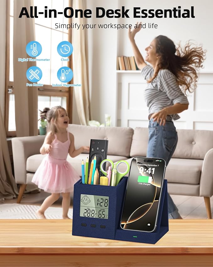 Multifunctional Pen Holder and Organizer for Desk with Wireless Charger, Digital Indoor Thermometer and Humidity Gauge, Home Office Organizers and Storage (Battery Included)
