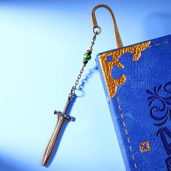 Vintage Dagger Sword Pendant Brass Metal Hook Bookmark with Bead Chain,Handmade Bookmarks for Reading Women,Men,Book Lovers,Girls,Teens,Teachers and Students