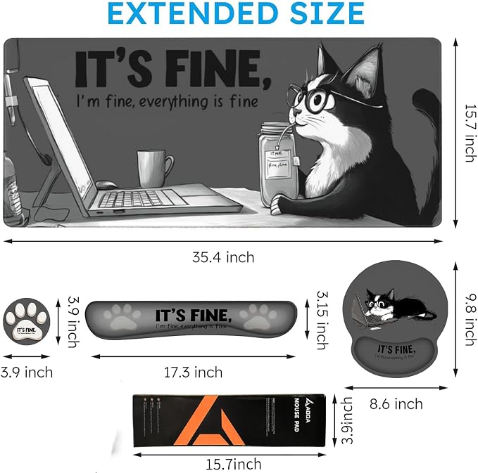 AQQA Funny Keyboard Mouse Pad Set,XXL Mouse Mat+Keyboard Wrist Rest Support, Cat Ergonomic Mouse Pad with Wrist Rest, 4 Pcs Cute Office Desk Accessories,35.4×15.7 in