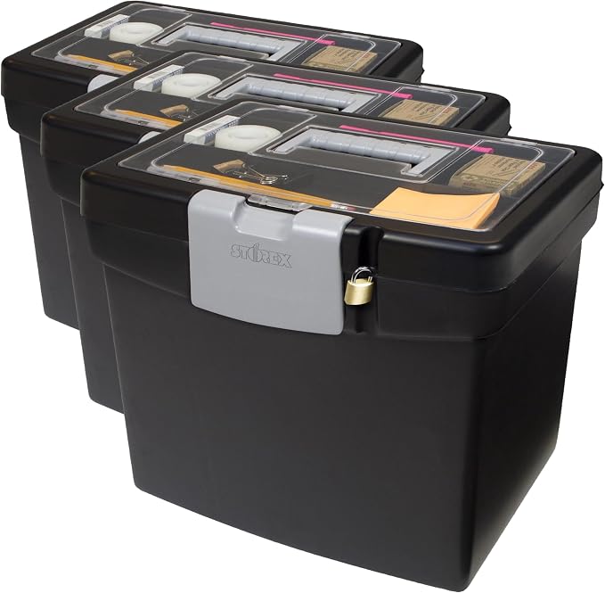 Storex 61504B02C Portable File Box with XL Lid, 11 x 13-1/2 x 11 Inches, Black (Pack of 3)