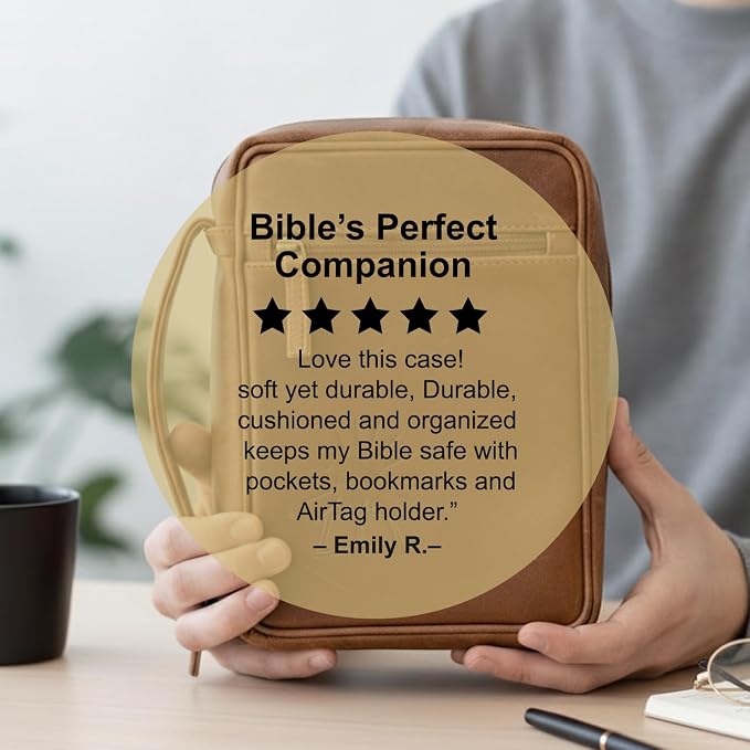Sovereign-Gear Large Leather Bible Cover - Genuine Buffalo Leather with Handle, Zipper, Storage Pockets, Bookmark & AirTag Compatible Holder - Stylish Bible Carrying Case for Men & Women