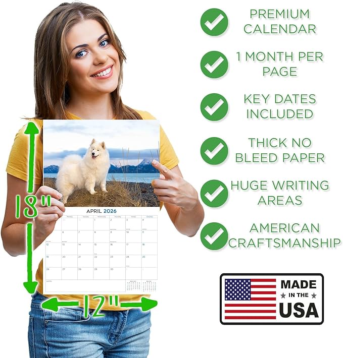 2025 2026 Samoyed Calendar - Dog Breed Monthly Wall Calendar - 12" x 18" Open - Thick No-Bleed Paper - Giftable - Academic Teacher's Planner Calendar Organizing & Planning - Made in USA