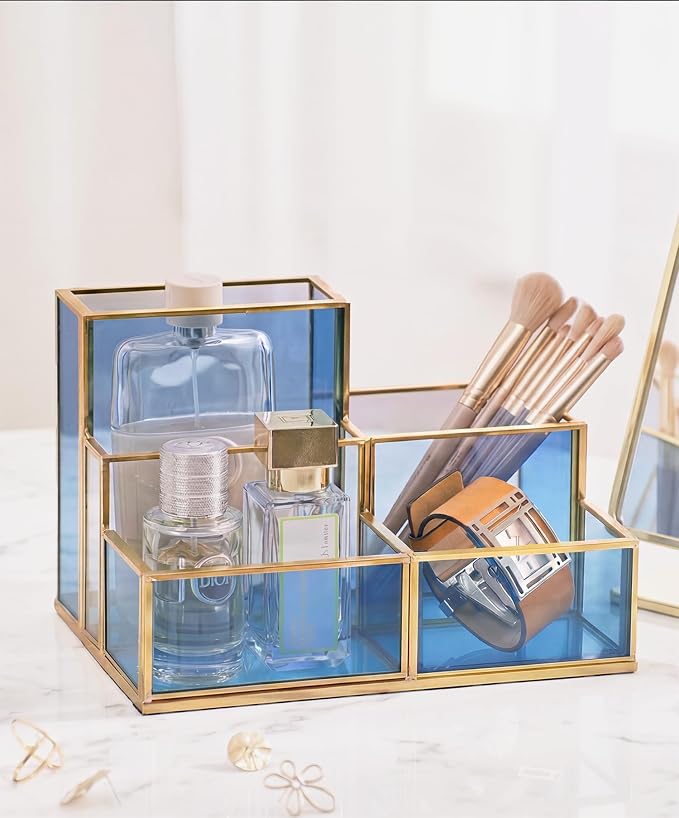 FONDAZZA 5-Compartment Desk Organizer for Home Office Supplies, Gold Brass with Blue Glass, Workspace Storage for Stationery, Cosmetic, Makeup Tools and Brush.