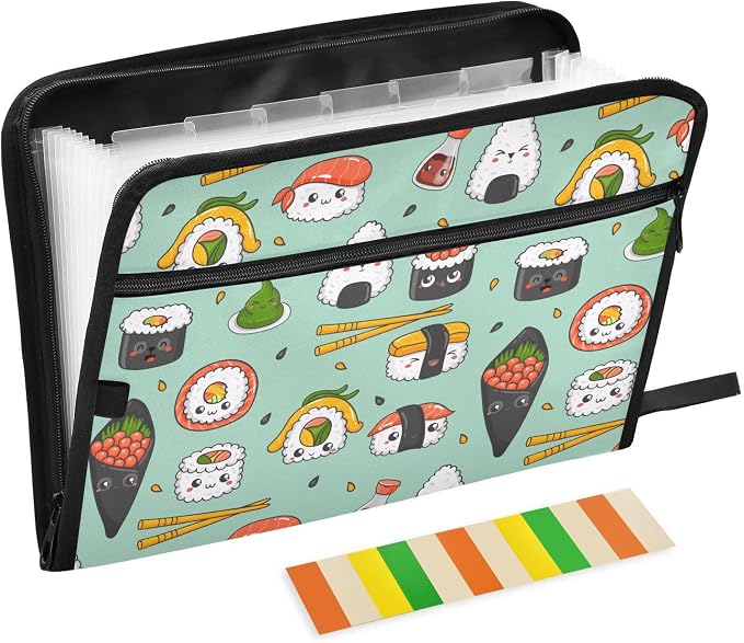 Kawaii Sushi File Folders,Plastic Folders with 13 Pockets,Expandable File Folder for Documents School Students Office,Aesthetic Folder with Labels A4 Letter Size