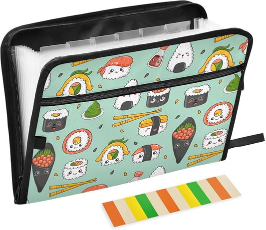 Kawaii Sushi File Folders,Plastic Folders with 13 Pockets,Expandable File Folder for Documents School Students Office,Aesthetic Folder with Labels A4 Letter Size